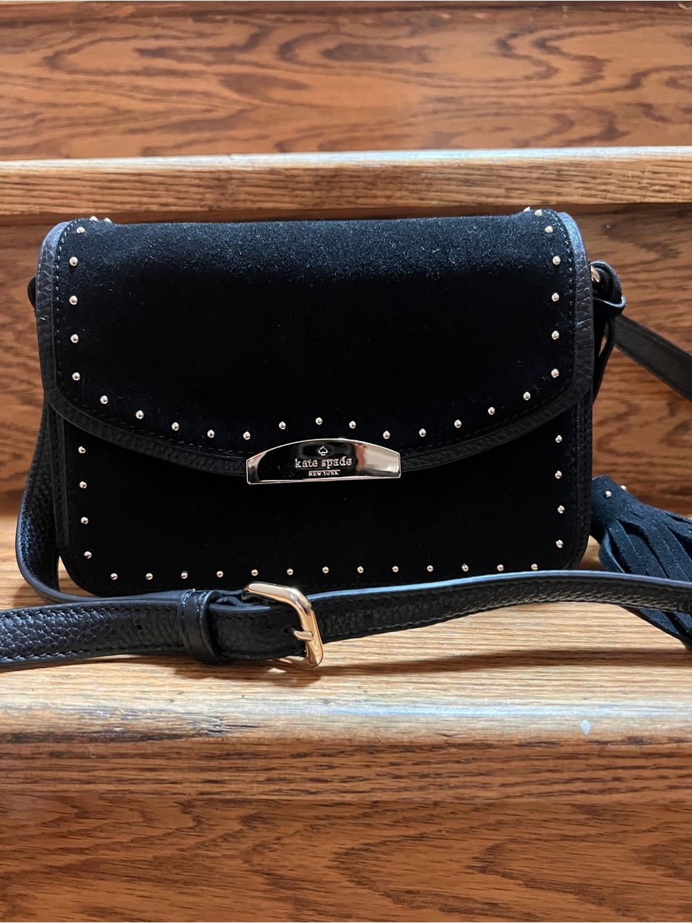 Kate Spade Black Suede Studded Crossbody Bag. New condition.